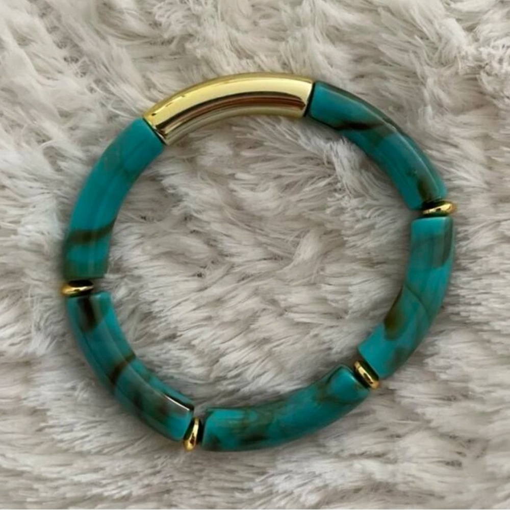 B2G1🌵Boho Turquoise Tube Bead & Gold Tone Stretch Stacking Bracelet NWT - Picture 11 of 15